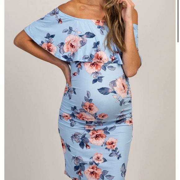 Light Blue Rose Print Ruffle Fitted Maternity Dress - Picture 2 of 5